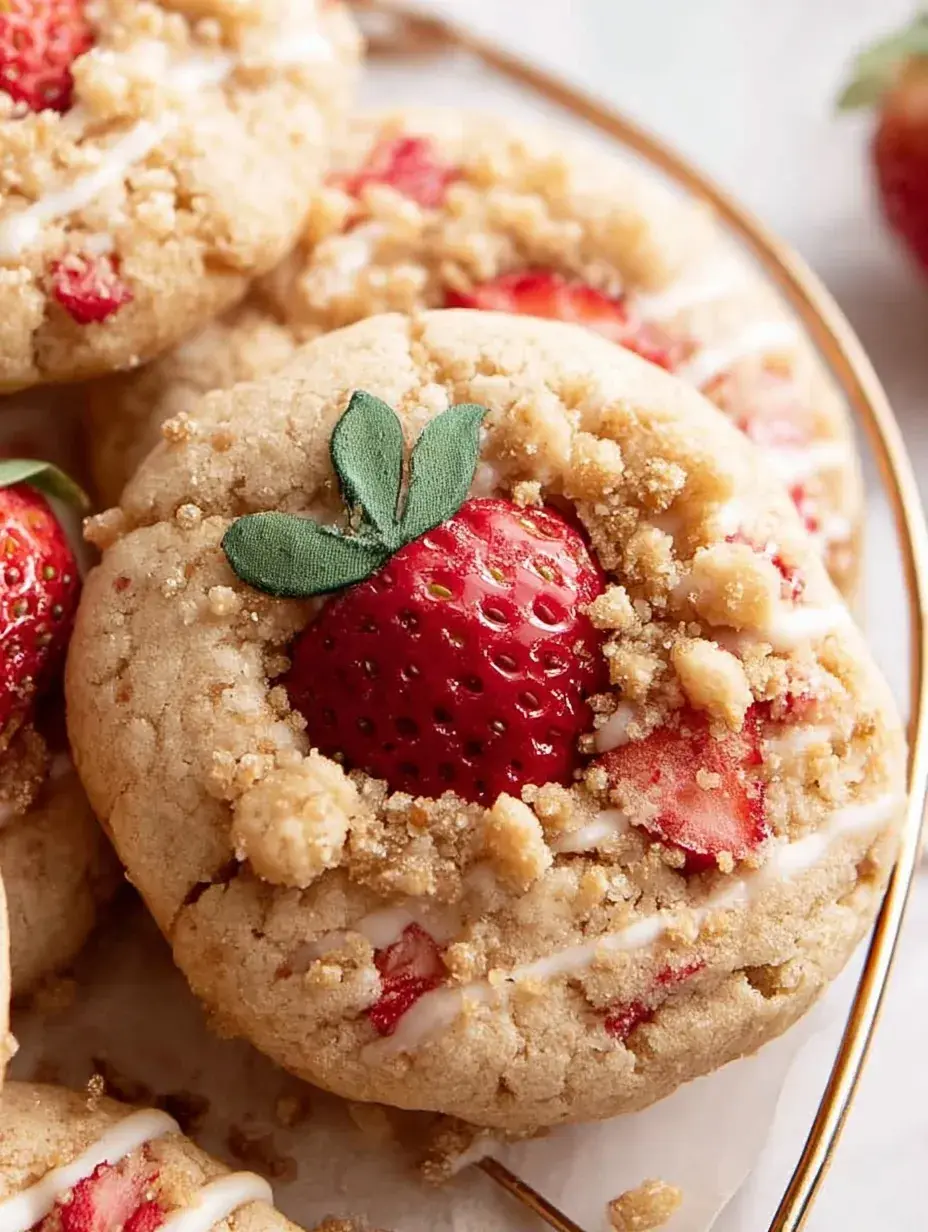 A plate of golden Strawberry Shortcake Cookies filled with fresh berries and white chocolate chips.