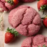 A tray of soft pink Vegan Strawberry Sugar Cookies rolled in granulated sugar
