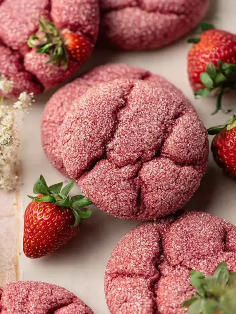 A tray of soft pink Vegan Strawberry Sugar Cookies rolled in granulated sugar
