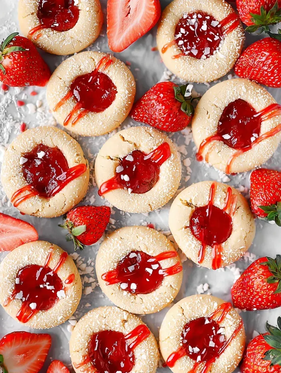 A tray of golden Strawberry Thumbprint Cookies with bright red jam centers on a wire cooling rack