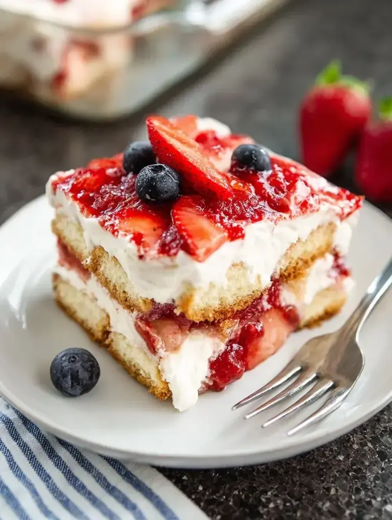 A beautiful dish of Strawberry Tiramisu with layers of ladyfingers and fresh berries.