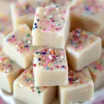 A stack of creamy Sugar Cookie Fudge topped with festive rainbow sprinkles on a white plate.