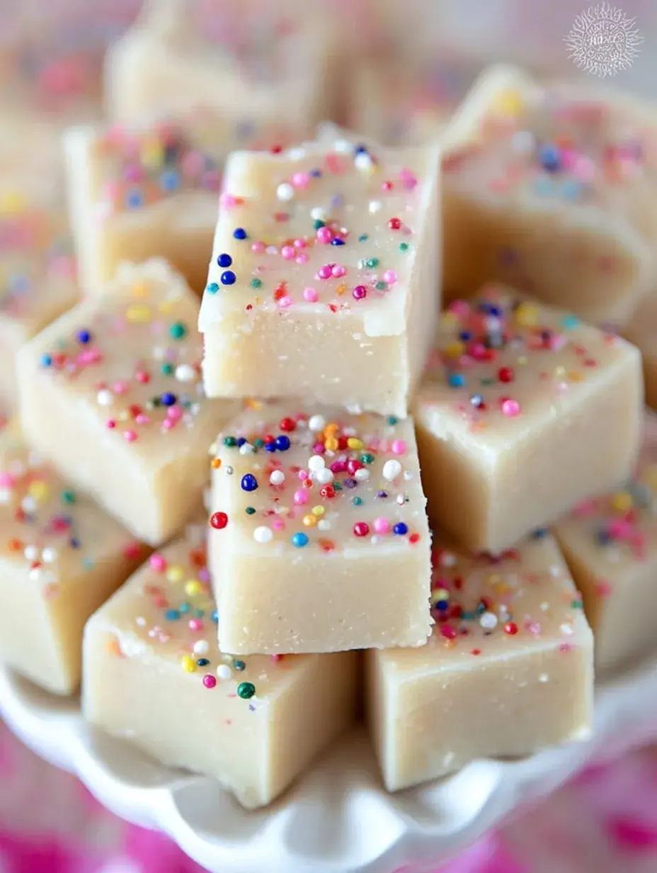 A stack of creamy Sugar Cookie Fudge topped with festive rainbow sprinkles on a white plate.