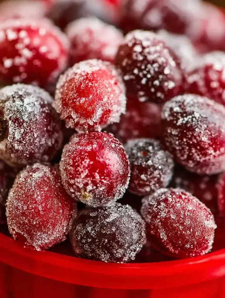 A bowl of sparkling Sugared Cranberries coated in white sugar crystals