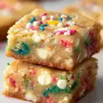A stack of Thick & Chewy Funfetti Blondies showing the colorful sprinkles and dense texture