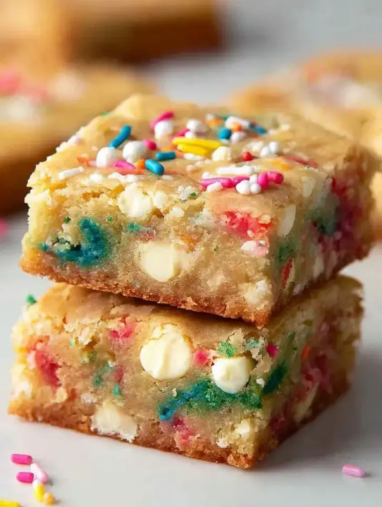 A stack of Thick & Chewy Funfetti Blondies showing the colorful sprinkles and dense texture
