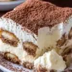 A close up of a slice of Traditional Tiramisu on a white plate dusted with cocoa powder