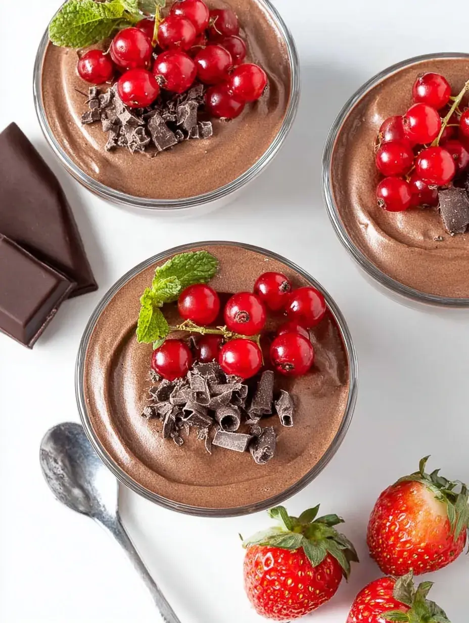 A glass ramekin filled with smooth dark Tofu Chocolate Mousse topped with a fresh raspberry.