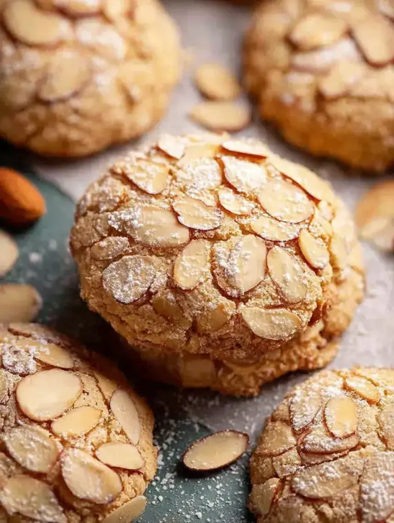 A tray of golden brown Vegan Almond Cookies topped with sliced almonds on a cooling rack