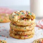 Golden brown Vegan Birthday Cake Cookies with colorful rainbow sprinkles on a cooling rack