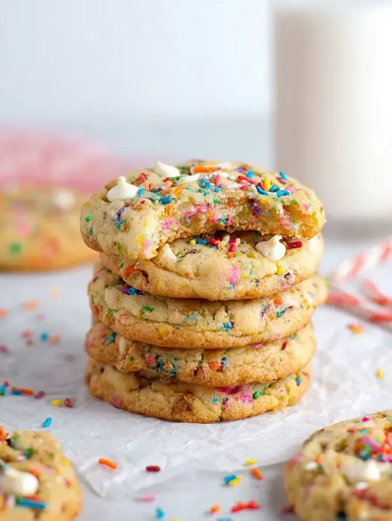 Golden brown Vegan Birthday Cake Cookies with colorful rainbow sprinkles on a cooling rack