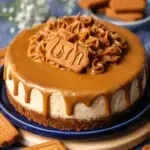 A slice of creamy Vegan Biscoff Cheesecake topped with melted speculoos spread and cookie crumbs