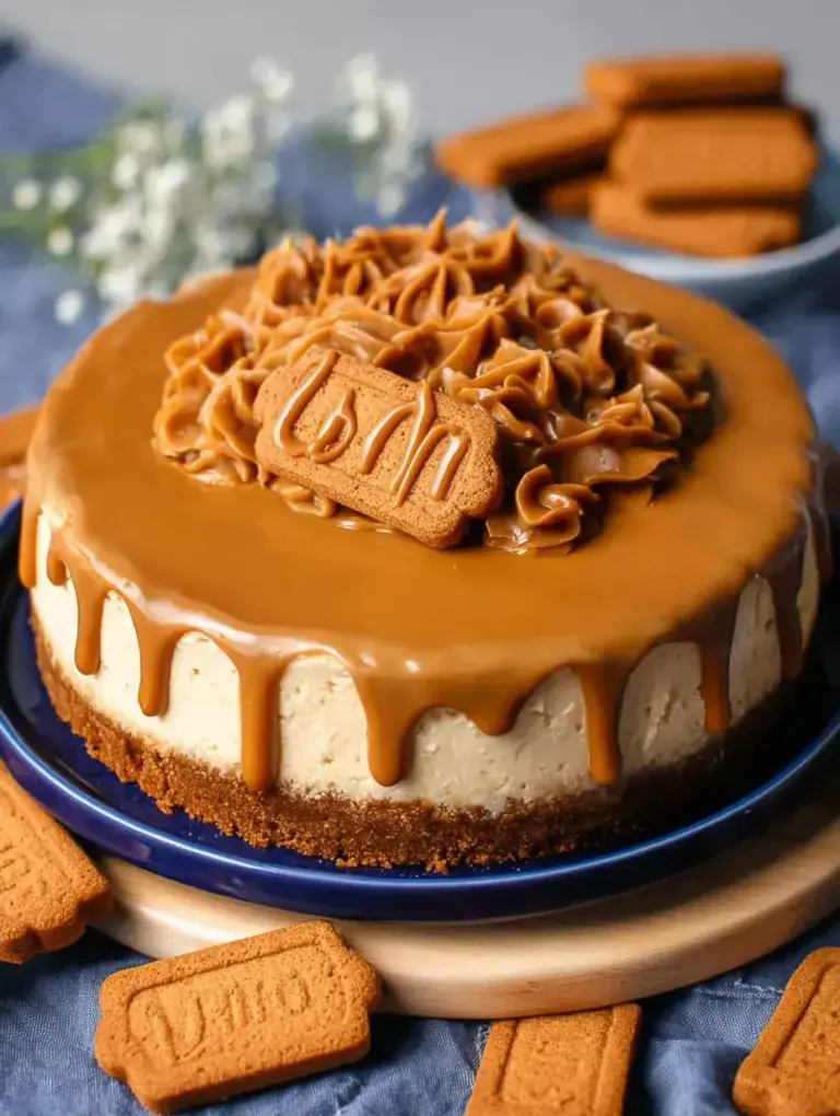 A slice of creamy Vegan Biscoff Cheesecake topped with melted speculoos spread and cookie crumbs