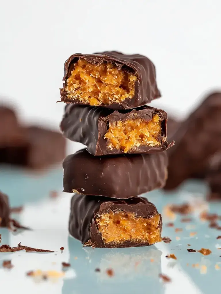 Homemade Vegan Butterfingers stacked on parchment paper showing the flaky peanut butter center