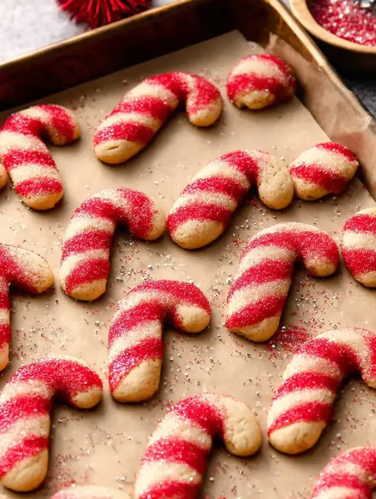 A tray of red and white twisted Vegan Candy Cane Cookies on a cooling rack.