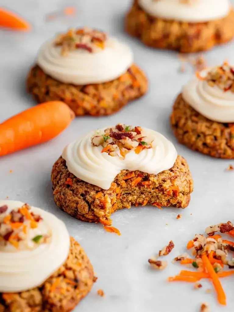 A tray of freshly baked Vegan Carrot Cake Cookies with a white cream cheese drizzle on top.