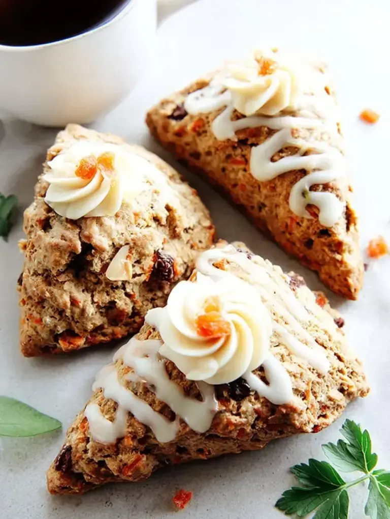 A plate of golden Vegan Carrot Cake Scones drizzled with maple glaze and topped with walnuts