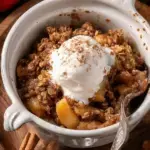 A golden brown dish of Vegan Chai Spiced Apple Crisp with toasted pecans and oats