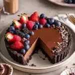 A sliced Vegan Chocolate Mousse Tart showing the smooth dark chocolate filling and crispy almond crust