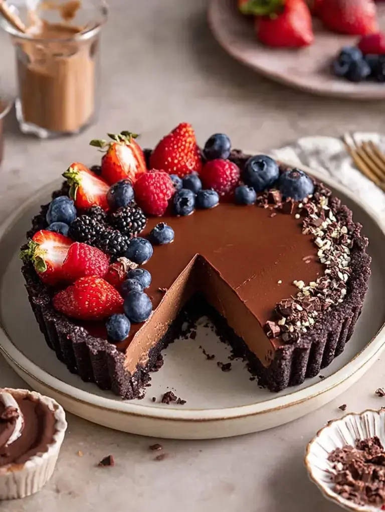 A sliced Vegan Chocolate Mousse Tart showing the smooth dark chocolate filling and crispy almond crust