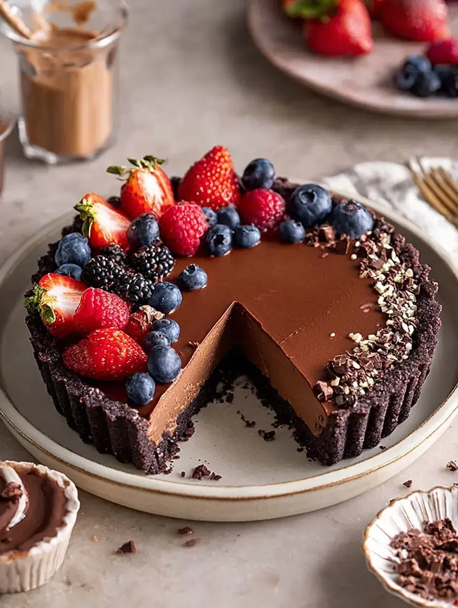 A sliced Vegan Chocolate Mousse Tart showing the smooth dark chocolate filling and crispy almond crust