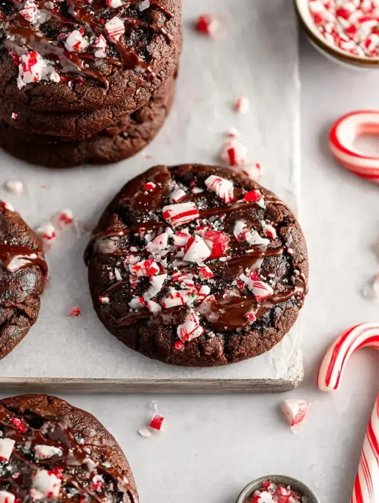 A tray of rich dark Vegan Chocolate Peppermint Cookies topped with crushed red and white candy canes