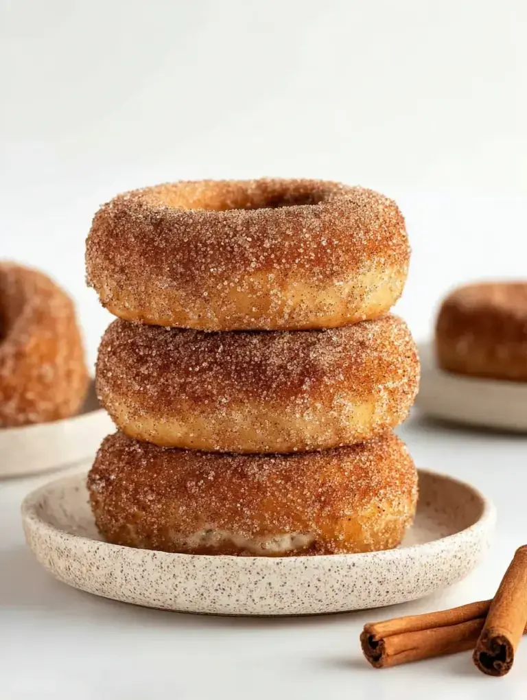 A plate of golden baked Vegan Cinnamon Sugar Donuts coated in sweet cinnamon sugar