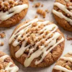 A tray of Vegan Coffee Cake Cookies with golden streusel and vanilla glaze