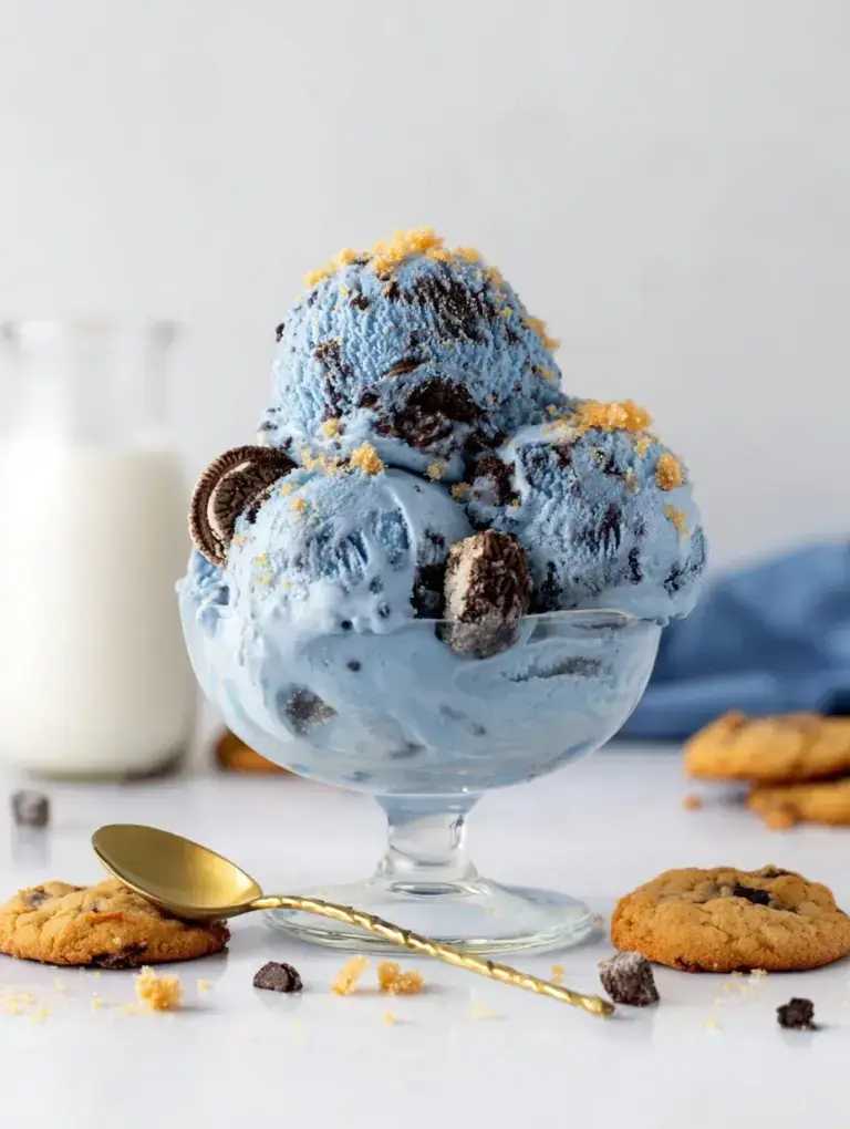 A scoop of vibrant blue Vegan Cookie Monster Ice Cream filled with chocolate chip and sandwich cookie chunks.