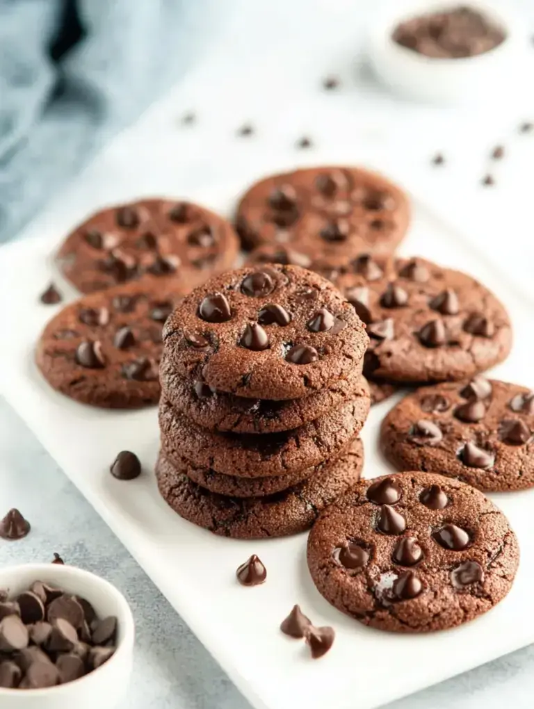 A stack of soft Vegan Double Chocolate Cookies with melty chocolate chips and crispy edges on a baking sheet