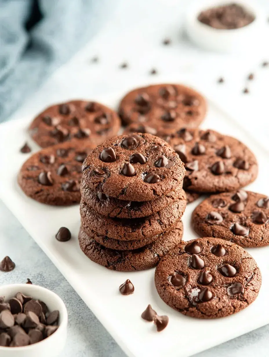 A stack of soft Vegan Double Chocolate Cookies with melty chocolate chips and crispy edges on a baking sheet