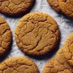 A stack of sugar-coated Vegan Ginger Cookies on a festive plate with a holiday background.
