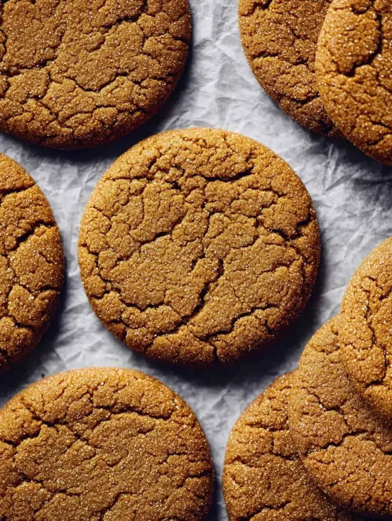A stack of sugar-coated Vegan Ginger Cookies on a festive plate with a holiday background.