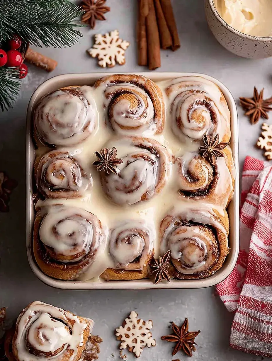 A tray of freshly baked Vegan Gingerbread Cinnamon Rolls drizzled with white vanilla glaze