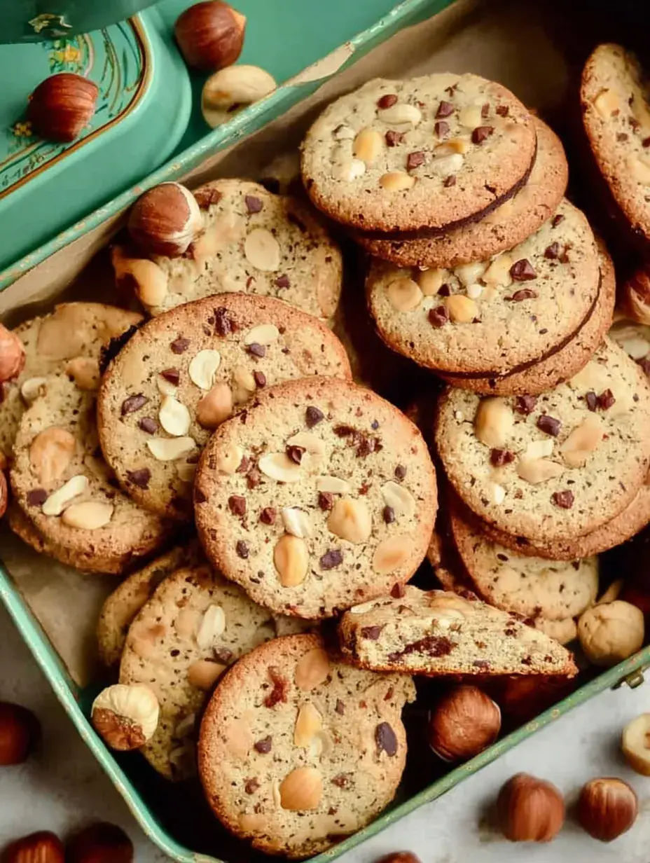 Freshly baked Vegan Hazelnut Cookies topped with chopped nuts and dark chocolate chips on a parchment-lined tray