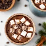 A mug of steaming vegan hot chocolate with a sprinkle of cocoa powder.