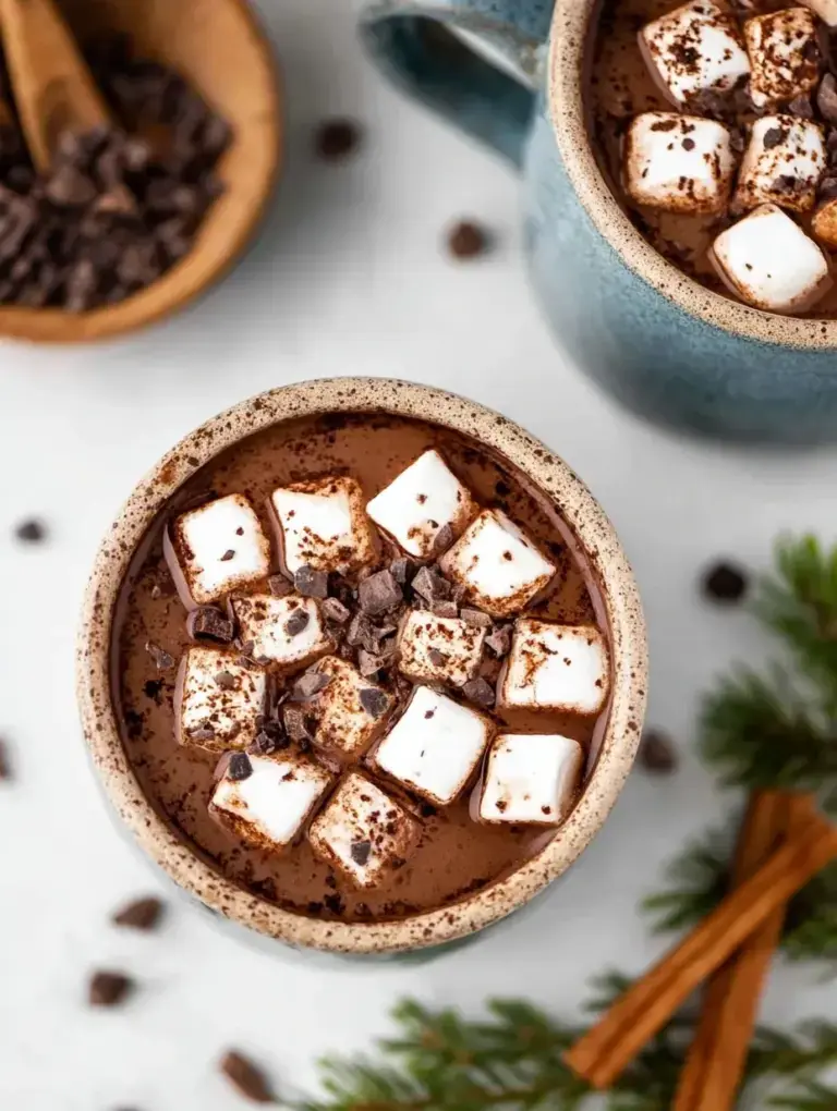 A mug of steaming vegan hot chocolate with a sprinkle of cocoa powder.