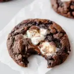 Close up of Vegan Hot Chocolate Cookies with melted marshmallows on a baking sheet