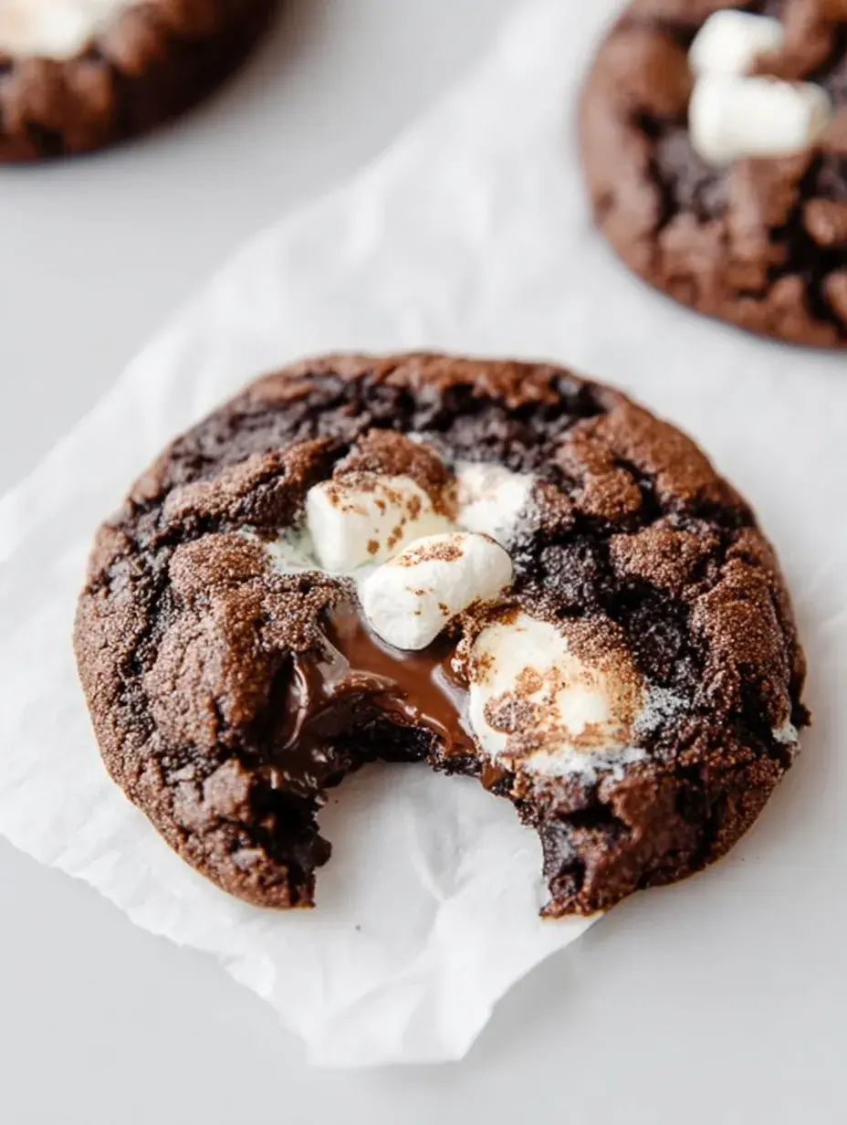 Close up of Vegan Hot Chocolate Cookies with melted marshmallows on a baking sheet