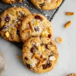 A stack of golden brown Vegan Kitchen Sink Cookies on a cooling rack with chocolate chips and pretzels scattered nearby.