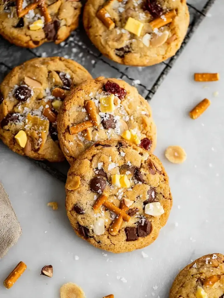 A stack of golden brown Vegan Kitchen Sink Cookies on a cooling rack with chocolate chips and pretzels scattered nearby.