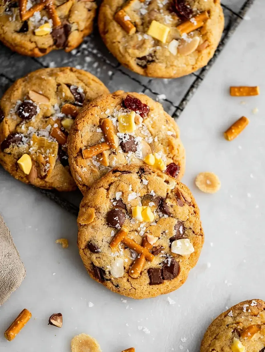 A stack of golden brown Vegan Kitchen Sink Cookies on a cooling rack with chocolate chips and pretzels scattered nearby.