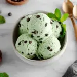 A bowl of creamy Vegan Mint Chocolate Chip Ice Cream topped with dark chocolate shavings.