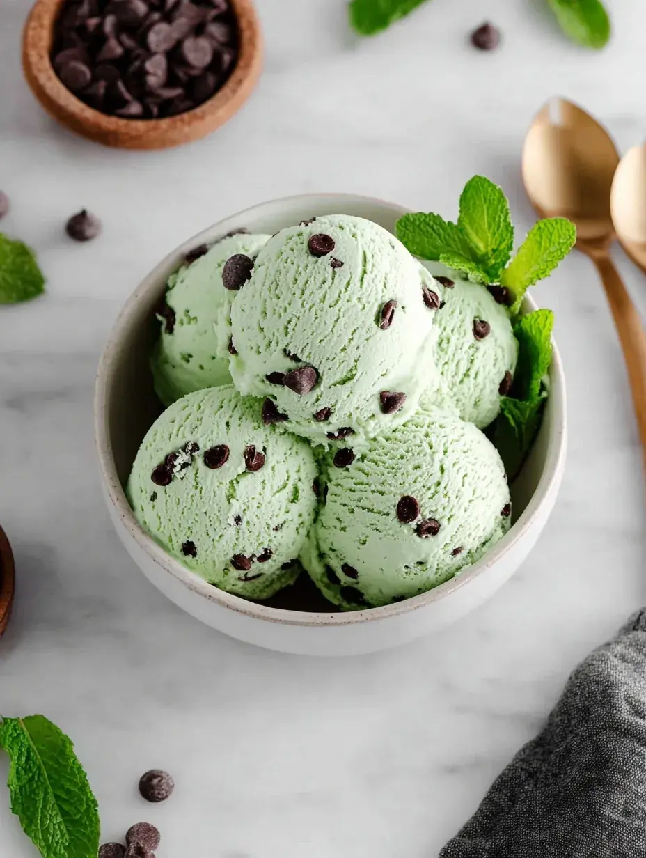 A bowl of creamy Vegan Mint Chocolate Chip Ice Cream topped with dark chocolate shavings.