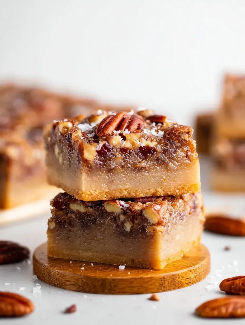 A close-up shot of sliced Vegan Pecan Pie Bars on a wooden serving board.