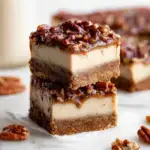 Vegan Pecan Pie Cheesecake Bars sliced on a plate with maple syrup drizzle