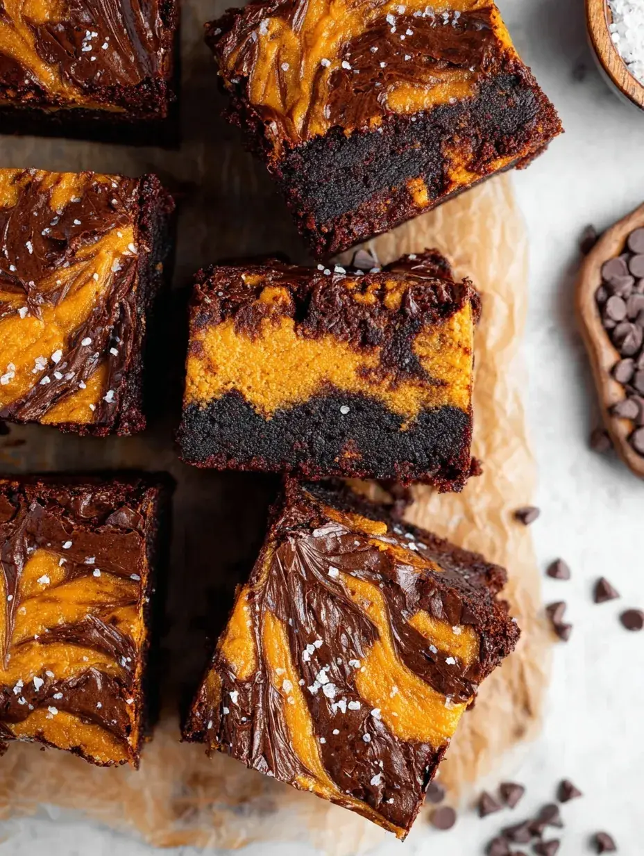 Sliced Vegan Pumpkin Cheesecake Brownies showing chocolate and pumpkin layers