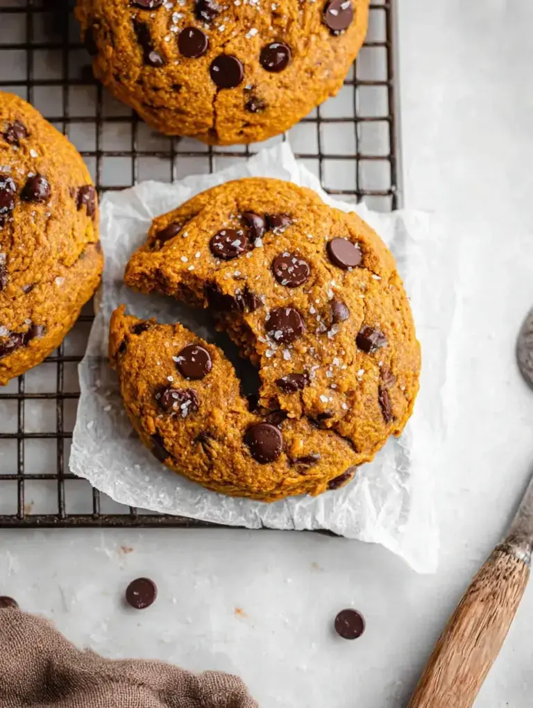 A pile of Vegan Pumpkin Chocolate Chip Cookies with melty chocolate chips on a wire rack.