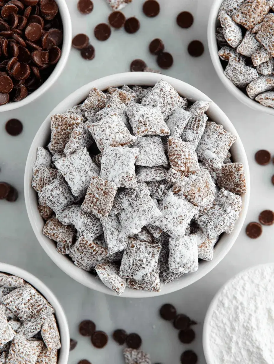 A bowl of powdered sugar coated Vegan Puppy Chow on a wooden table