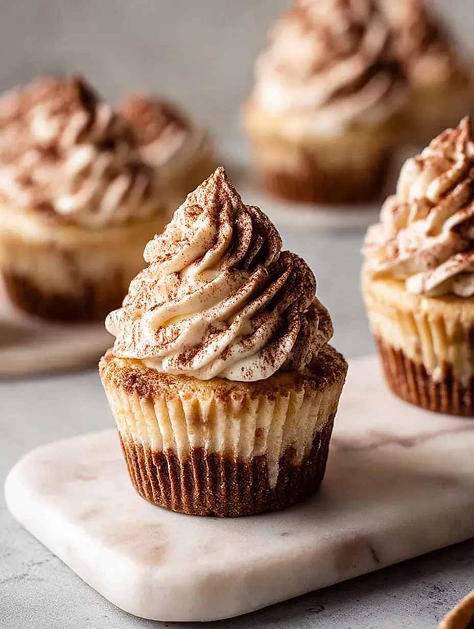 A tray of Vegan Tiramisu Cupcakes with white frosting and a dusting of cocoa powder on a wooden table.